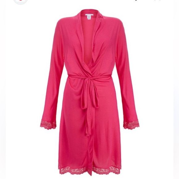 Eberjey pink wrap robe with lace hem large - Picture 1 of 8